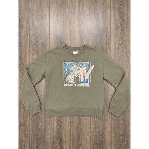 MTV Music Television Mens Medium Olive Green Crewneck Sweatshirt Graphic Logo